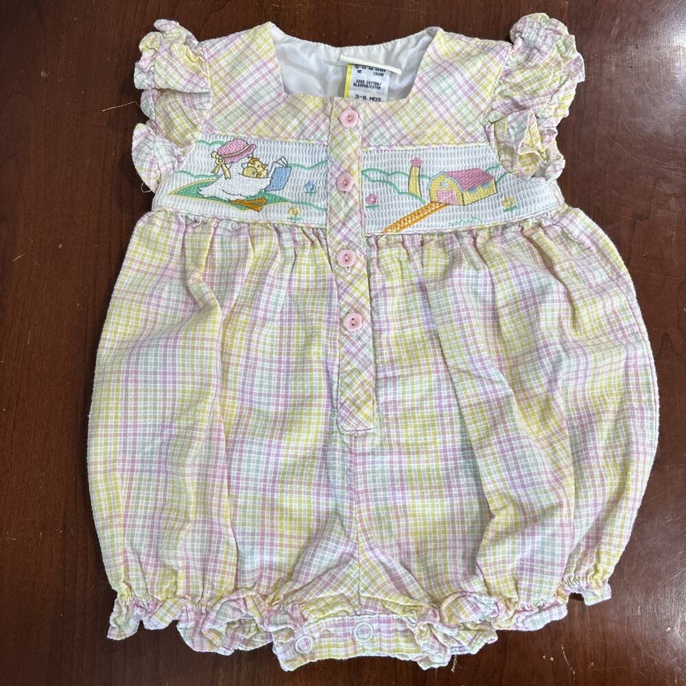 Baby Togs Vintage Embroidered Bubble Romper Mother Goose Farm Pastel Plaid